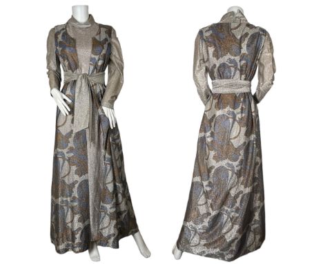 A late 1960s lurex evening dress with princess seams and roll neck along with a printed lurex jerkin and a waist sash or scar