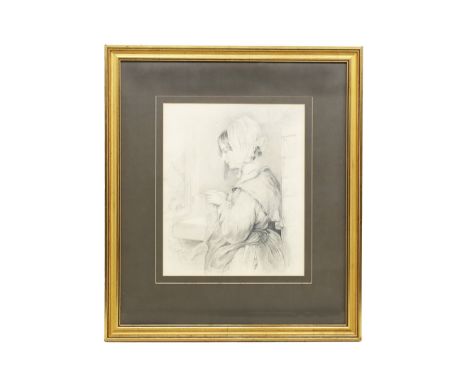 Victorian School Portrait of a lady knitting at a window pencil sketch, 29 x 23.5cm, framed and glazed&nbsp;  ❧ from the Hall