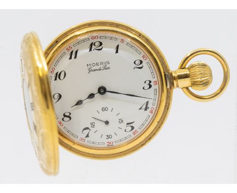 A Moeris 'Grand Prix' half hunter plated pocket watch, signed white dial with Arabic markers, subsidiary at 6, outer seconds 