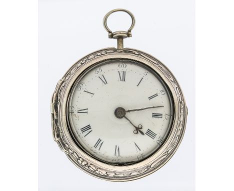 A 18th century pair case pocket watch, comprising a white enamel dial with numeral markers, outer seconds to track, case appr