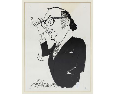 Roy Ullyett (British, 1914-2001)&nbsp; Caricature portrait of Eric Morecambe set to wiggle his glasses black ink sketch with 