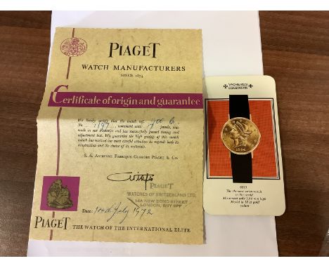 Piaget: an 18ct gold twenty Dollar coin wristwatch, circa 1990's, comprising a hinged an outer coin case, approx 34mm, coin d