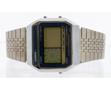 A Gents steel cased vintage Casio digital wristwatch AX-210, digital calendar chronograph, case approx 35mm to a steel bracel