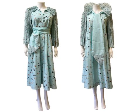 A group of 1970s and 80s day dresses to include a floaty Petr Barron dress with flutter sleeves and floral print, a chambray 