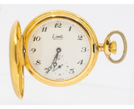 A Limit International hunter plated pocket watch, signed white dial with Arabic markers, subsidiary at 6, outer seconds track