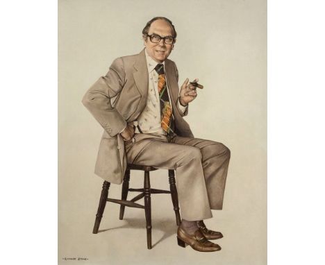 Richard Stone (British, b.1951) Portrait of Eric Morecambe OBE seated smoking a cigar oil on canvas, 127 x 102cm signed lower