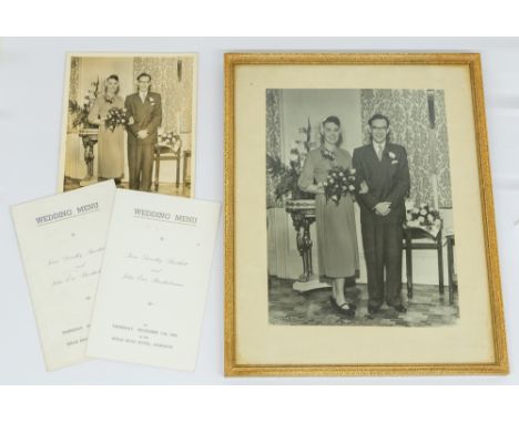 A framed black and white Wedding portrait of Joan and Eric Bartholomew (Morecambe) on 11th December 1952 together with two We