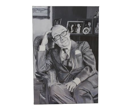 English School (20th Century) Portrait of Eric Morecambe seated with photographs of Joan behind oil on canvas, monochrome, ap