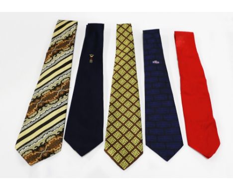 Five of Eric's neckties to include: an early 1970s brown and gold pattern wide polyester tie by Andre Jacques (Made in Britai