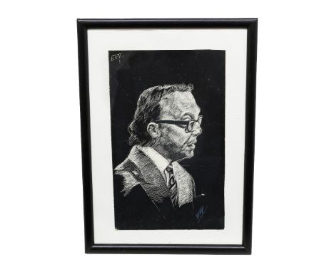 A 20th Century profile portrait of Eric Morecambe, titled ERIC! to upper left section, linocut, 24 x 15cm   Gifted to Eric by