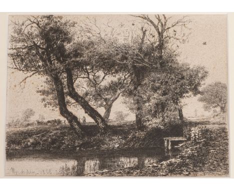 Jules Michelin (French, 1815-1870) The Pond 1868 etching, 15.5 x 21cm, mounted, framed and glazed, label verso   the label wr
