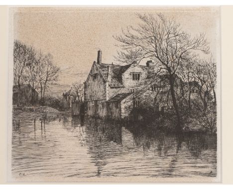attributed to George Howard (British, 19th Century)  Alderley Hall etching, 15 x 18cm, mounted, framed and glazed, label vers