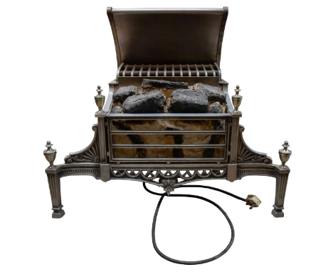 A Belling vintage coal effect electric fire with Georgian style chrome grate (untested) together with three fire irons (4)  ❧