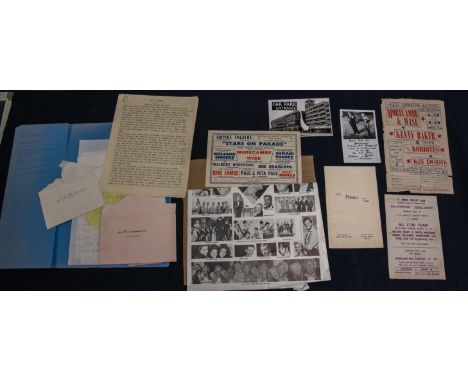 Manuscript drafts of letters to David Frost and Ronnie Barker, handwritten by Eric Morecambe; a typed speech honouring Des O'