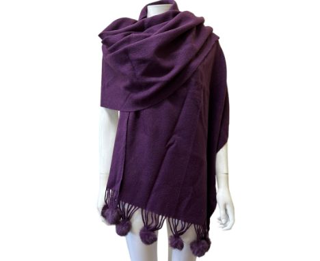 A large plum covered shawl made from a wool and cashmere blend and finished with dyed rabbit pom poms plus collection of vint