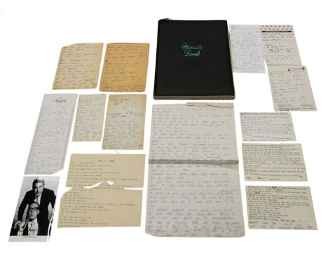 Manuscript ideas for jokes, handwritten by Eric Morecambe on hotel paper during travels (New York and Adelaide); three typed 