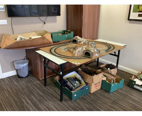 A collection of miscellaneous model railway items including train tracks (00 gauge); engines, carriages, buildings, an electr