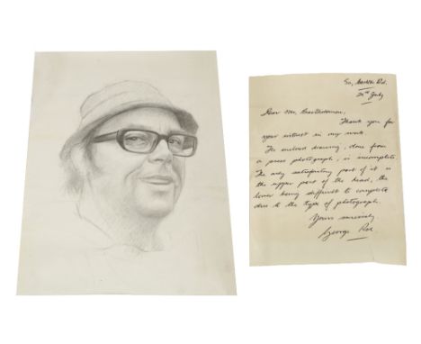 George Roe (British, 20th Century) Portrait of Eric Morecambe in a fishing hat pencil sketch, 36 x 28cm, unframed, this lot i