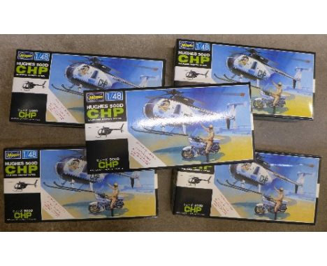 Five Hasegawa 1/48 scale Hughes Sood California Highway Patrol Helicopters, boxed