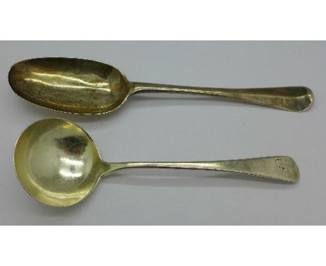 A Georgian silver serving spoon and a George III silver ladle, London 1799, 89g