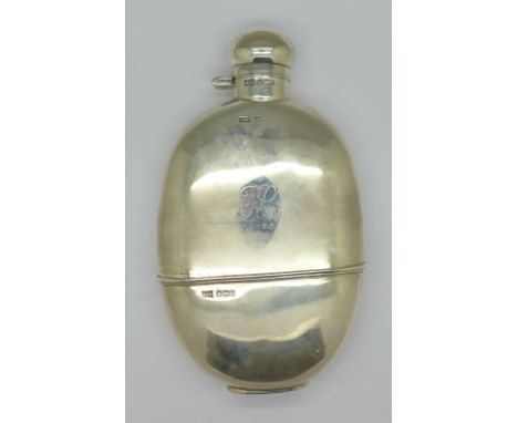 A silver hip flask by Walker & Hall, with inscription dated 1939, 268g, 8½oz