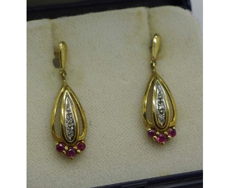 A pair of 9ct gold, ruby and diamond set earrings, 2.4g