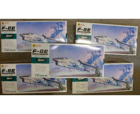 Five Hasegawa 1/72 scale F-8E Crusader U.S. Navy Fighter Planes, boxed