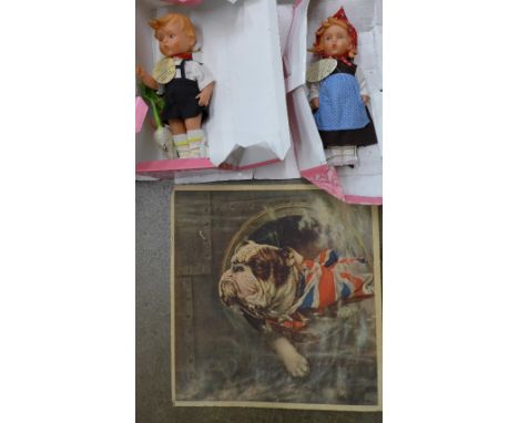 Two Hummel dolls and a print of an English bulldog