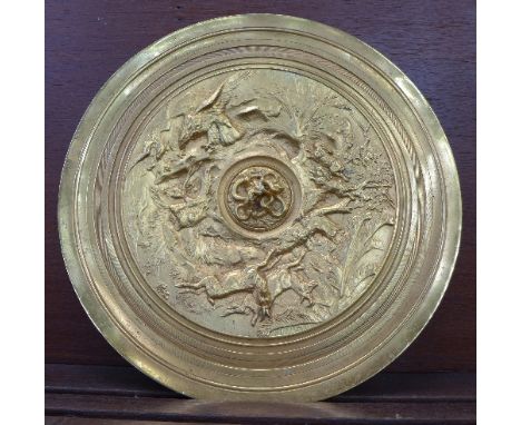 A French 19th Century Jules Moigniez gilded bronze footed dish, signed, diameter 29cm