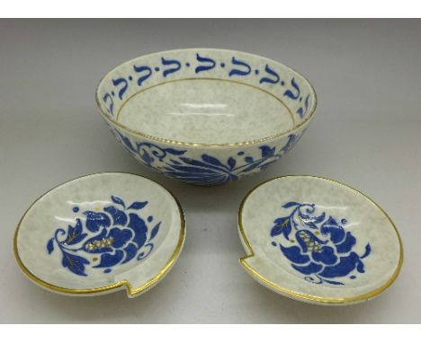 A Charlotte Rhead Bursley ware bowl, TL40 pattern and two similar dishes, diameter of bowl 14.5cm