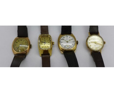 Three 9ct gold cased lady's wristwatches; Omega, Buren and Rotary and one other lady's Omega De Ville wristwatch (4)