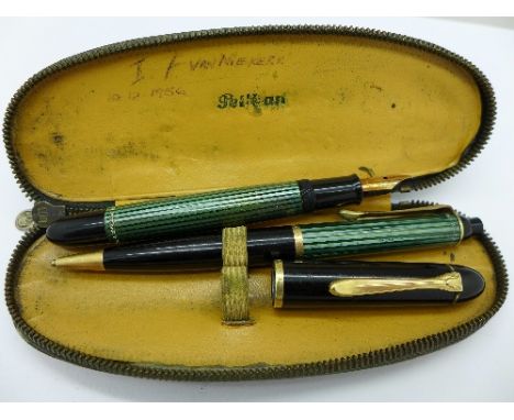A Pelikan 140 and 350 fountain pen and pencil set, pen with 14k gold nib