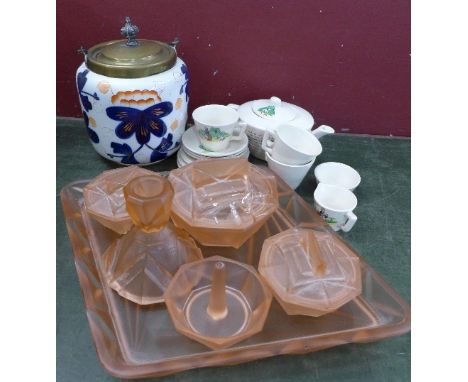 A glass Art Deco dressing table set, a biscuit barrel and a child's three setting tea set