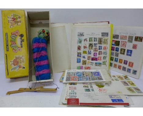 A collection of stamps including British, Australian, Irish, etc., and a Pelham puppet, caterpillar, etc.