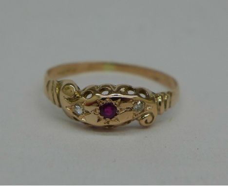 A 9ct gold, ruby and diamond ring, 1.1g, Q