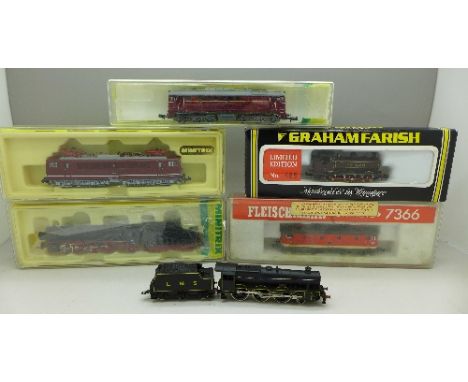 Six N gauge model locomotives; Peco Jubilee, Graham Farish No. 485, Fleischmann 7366 and three Minitrix