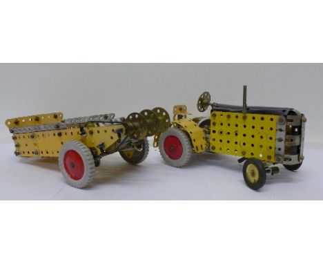 A built clockwork Meccano tractor and trailer, 1950's