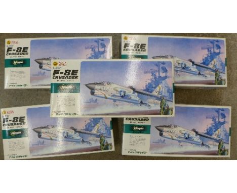 Five Hasegawa 1/72 scale F-8E Crusader U.S. Navy Fighter model kits, boxed