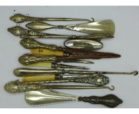 Silver handled button hooks, etc.