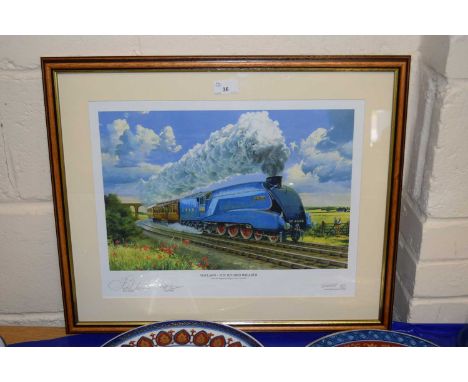 After Kevin Tweddell, Mallard The Record Breaker, coloured railway print, framed and glazed
