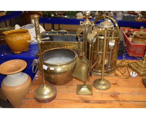Mixed Lot: Various brass wares to include fire tools, coal bucket, magazine rack, jardiniere etc