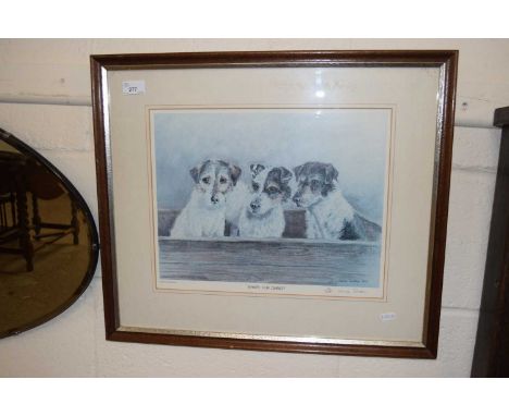 Janice Gordon, Whats for Dinner, coloured print of terriers, framed and glazed