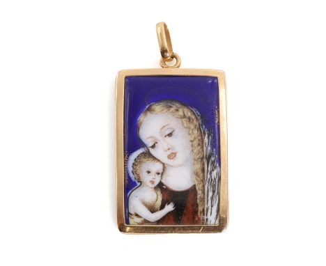 A Portuguese gold ceramic religious pendant, the rectangular polychrome ceramic panel depicting Mary and the baby Christ, bez