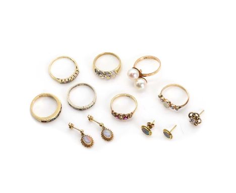 A collection of gold jewellery, to include a pair of opal stud earrings, one butterfly deficient, stamped 18ct, a pair of opa