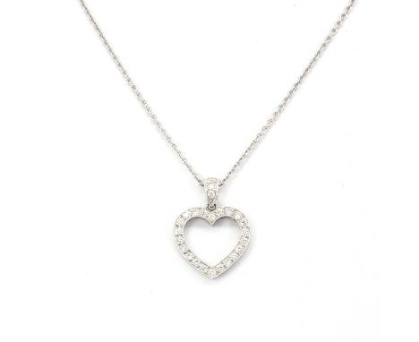 A white gold diamond and pink sapphire pendant and chain, the double faced pendant in the form of an open heart, bead set wit