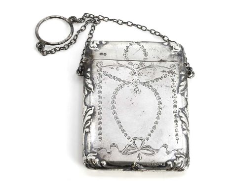 An Edwardian silver card case, with engraved neo-classical husk swag decoration and gilded interior, to a gathered cable link