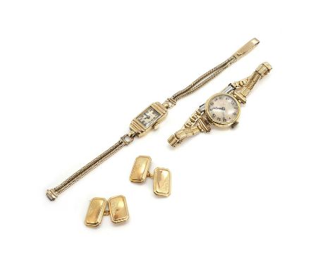 Two gold mechanical watches and a pair of chain link cufflinks, an 18ct gold mechanical bracelet watch,Glasgow import hallmar