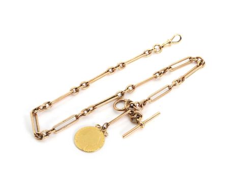 A 15ct gold Albert chain, a fetter link chain, suspending a T bar, to a jumbo bolt ring and swivel to each end, each link mar