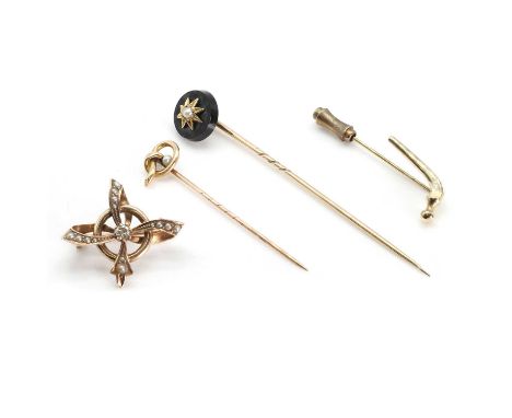 A small group of hat pins and Victorian brooches, comprising:a Victorian split pearl and diamond brooch,featuring a ribbon/cr