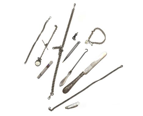 A collection of silver items, to include a sterling silver penknife, a sterling silver button hook, a sterling silver pencil 